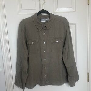 Vintage CHICOS DESIGN olive green linen peal button down shirt size 3 | XL